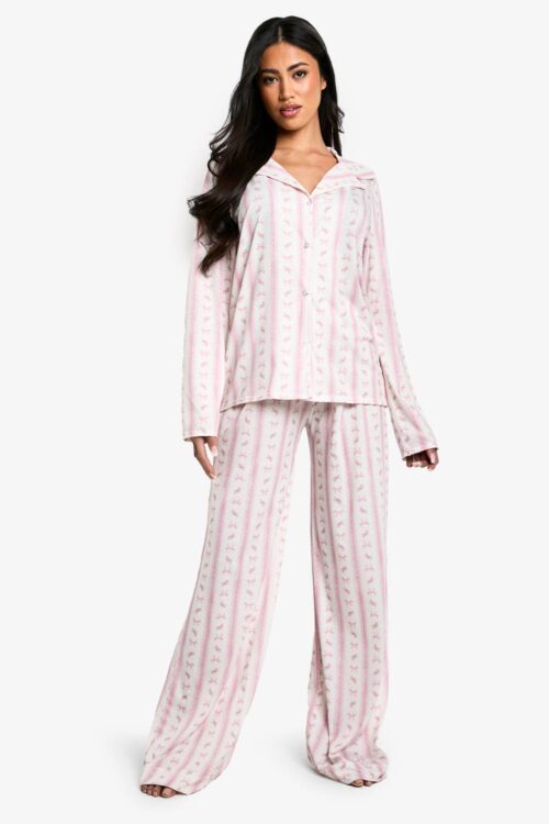 boohoo Dam Bow Print Long Sleeve Shirt & Trouser Pyjama Set | Rosa | Storlek 42