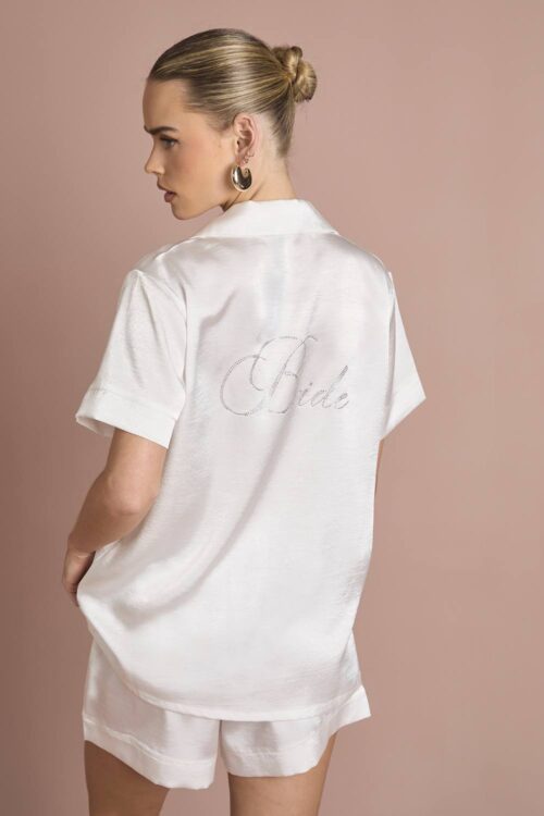 boohoo Dam Bridal 'Bride' Satin Diamante Short Sleeve Shirt & Short Pyjama Set | White | Storlek 44