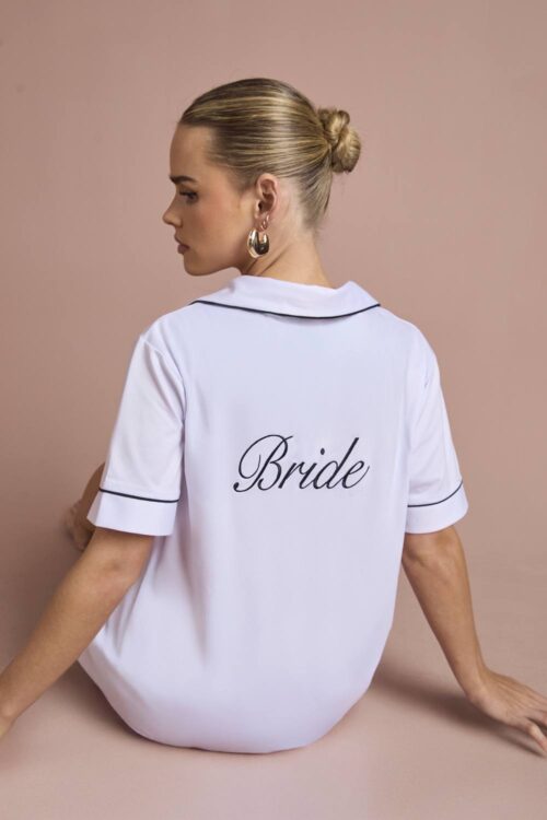 boohoo Dam Bröllops 'bride' Jersey Broderad Kortärmad Skjorta & Kort Pyjamas Set | White | Storlek 34