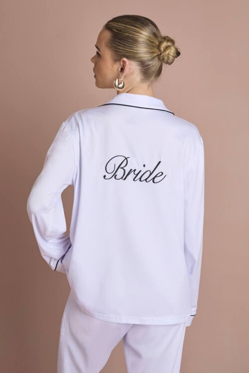 boohoo Dam Bröllops 'bride' Jersey Broderad Långärmad Tröja & Byxor Pyjamas Set | White | Storlek 44