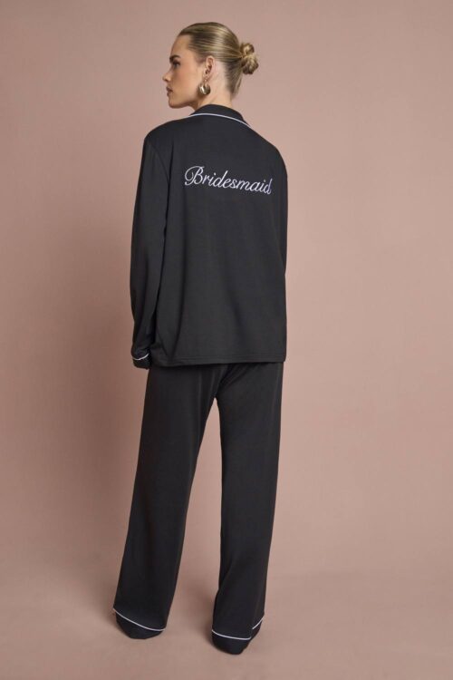 boohoo Dam Bröllops 'brudtärna' Jersey Broderad Långärmad Skjorta & Byxor Pyjamas Set | Black | Storlek 44