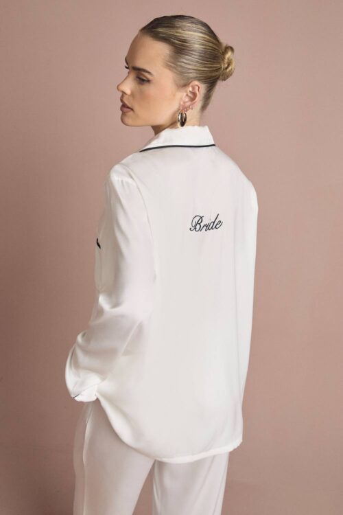 boohoo Dam Brud 'Bride' Satin Broderad Långärmad Skjorta & Byxor Pyjamas Set | White | Storlek 48