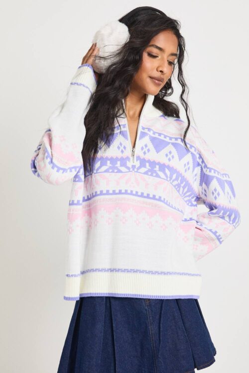 boohoo Dam Christmas Fairisle Dragkedja Stickad Tröja | Blue | Storlek Small