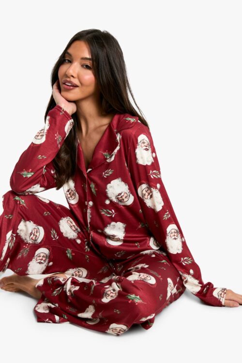 boohoo Dam Christmas Vintage Jultomte-tryck Långärmad Skjorta & Byxor Pyjamas Set | Red | Storlek 42