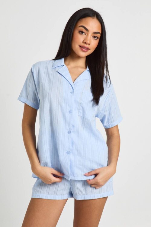 boohoo Dam Cotton Dobby Short Sleeve Shirt & Short Pyjama Set | Light Blue | Storlek 44