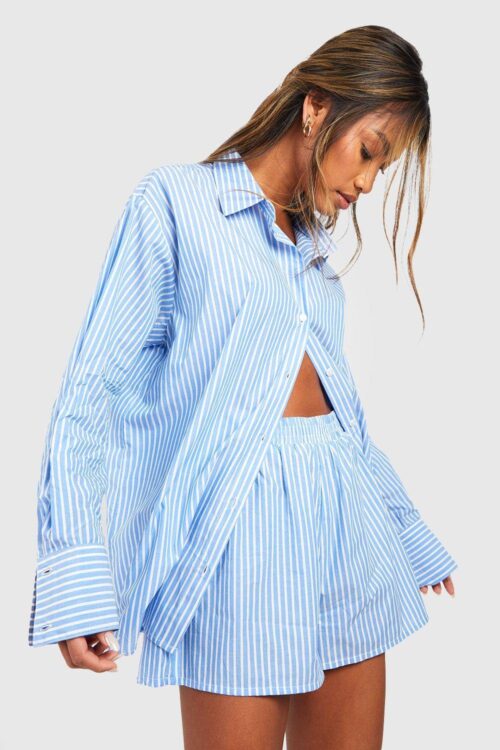 boohoo Dam Cotton Pinstripe Pyjama Short | Blue | Storlek 44