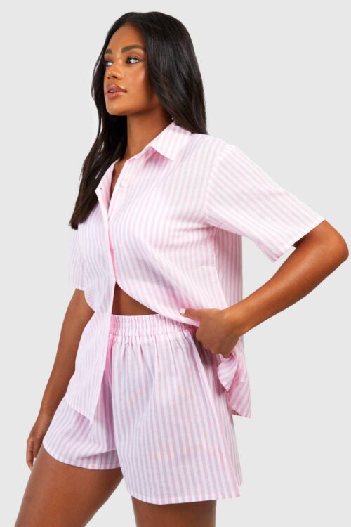 boohoo Dam Cotton Pinstripe Pyjama Short | Pink | Storlek 38