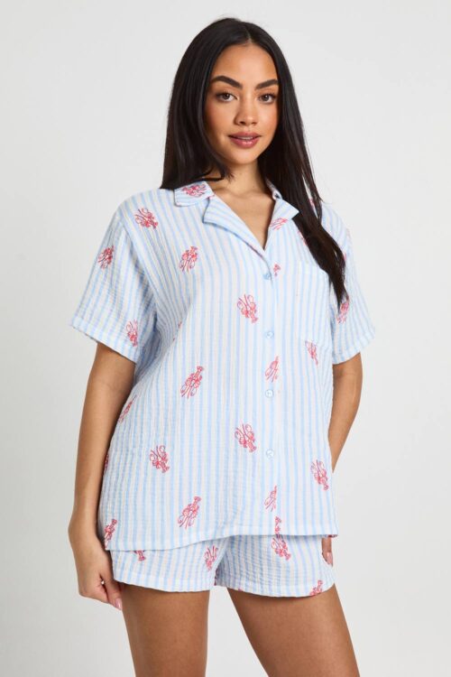 boohoo Dam Cotton Stripe Lobster Print Short Sleeve Shirt & Short Pyjama Set | Light Blue | Storlek 44