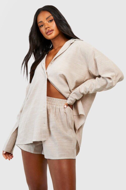 boohoo Dam Cotton Tonal Pinstripe Pyjama Short | Stone | Storlek 44