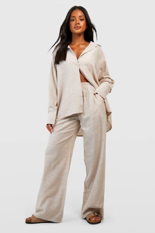 boohoo Dam Cotton Tonal Pinstripe Pyjama Trouser | Stone | Storlek 42