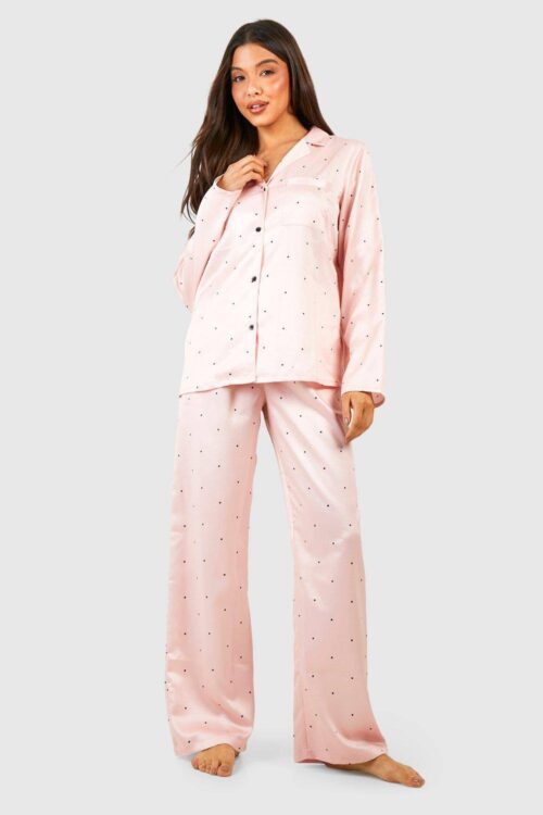 boohoo Dam Ditsy Prickigt Mönster Långärmad Skjorta & Byxor Pyjamas Set | Blush | Storlek 40