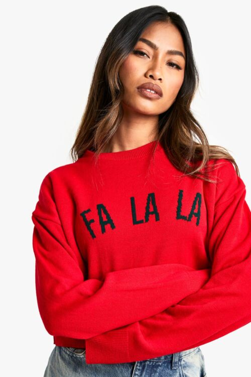 boohoo Dam FA LA LA Avkortad jultröja | Red | Storlek Medium