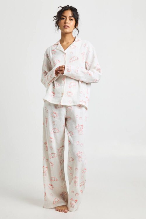 boohoo Dam Frukost-tryck Texturerad Långärmad Skjorta & Byxor Pyjamas 3-delars Set | Vit | Storlek 34