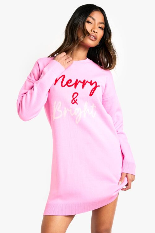 boohoo Dam Glad och Strålande Stickad Julklänning | Pink | Storlek Small