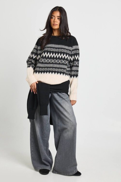 boohoo Dam Grov Fairisle OverStorlekd Stickad Jultröja | Mono | Storlek Small