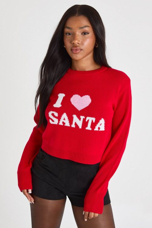 boohoo Dam Jag älskar Santa, avklippt jultröja | Red | Storlek Medium
