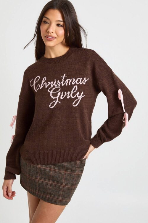 boohoo Dam Julig flickig rosett jultröja | Chocolate | Storlek Small