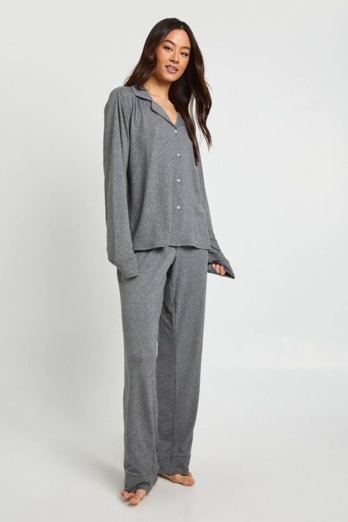 boohoo Dam Lång Mjuk Pyjamas Med Knappskjorta Och Byxor | Grey Marl | Storlek 46