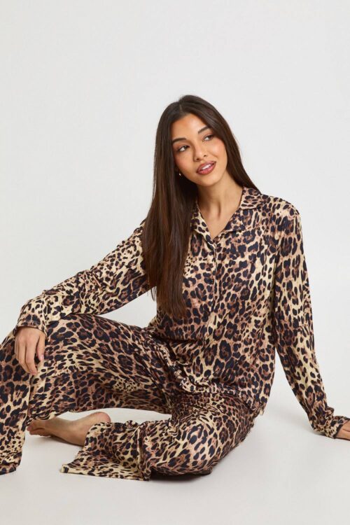 boohoo Dam Leopardmönstrad Långärmad Topp & Byxor Pyjamas Set | Leopardmönster | Storlek 40
