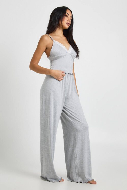 boohoo Dam Linne Och Byxor Pyjamas-set I Jersey Med Spetsdetaljer | Gråmelange | Storlek 44