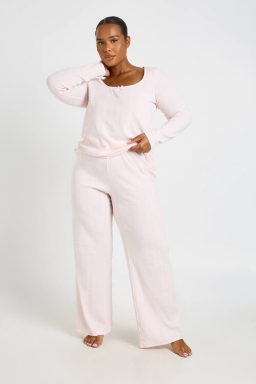 boohoo Dam Mamma Pointelle Långärmad Pyjamas Med Byxor Set | Pink | Storlek 46