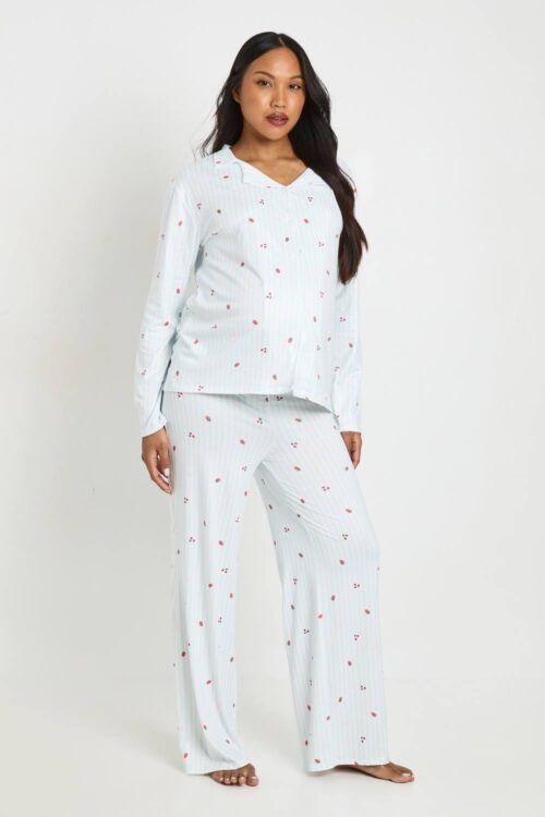 boohoo Dam Maternity Stripe And Fruit Print Long Sleeve Shirt & Trouser Pyjama Set | Blue | Storlek 36