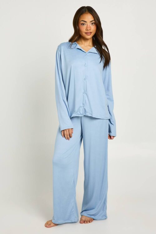 boohoo Dam Mjuk Jersey Långärmad Topp & Byxor Pyjamas Set | Babyblå | Storlek 42