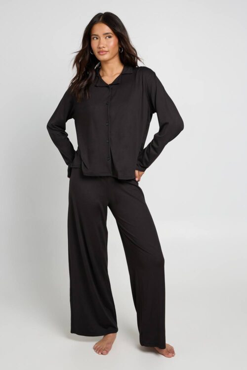 boohoo Dam Mjuk Jersey Långärmad Topp & Byxor Pyjamas Set | Svart | Storlek 36