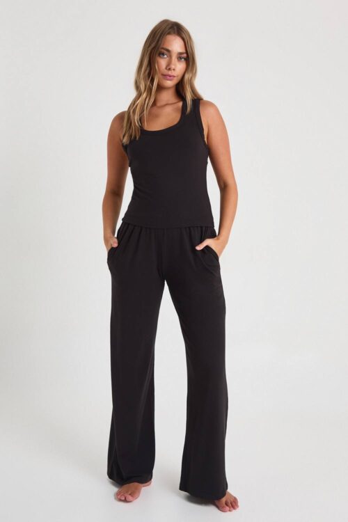 boohoo Dam Modal Linne & Vida Byxor Pyjamas Set | Black | Storlek 44