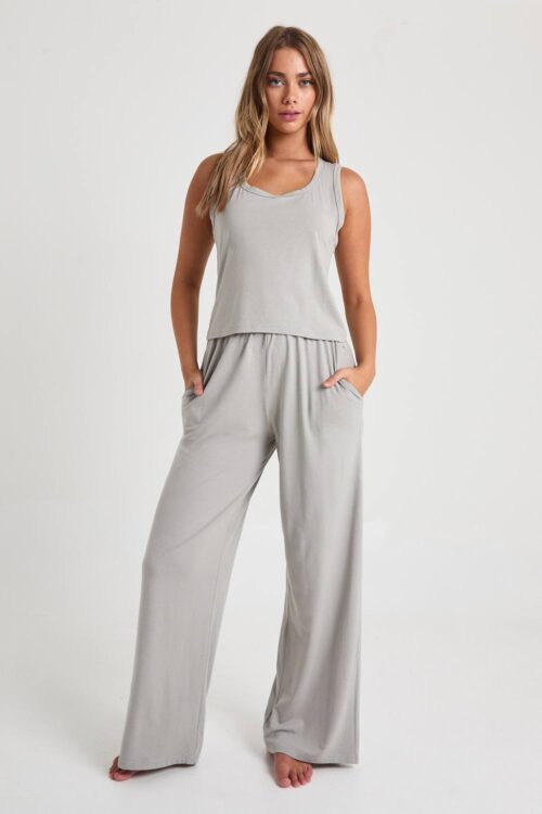 boohoo Dam Modal Linne & Vida Byxor Pyjamas Set | Grey | Storlek 34
