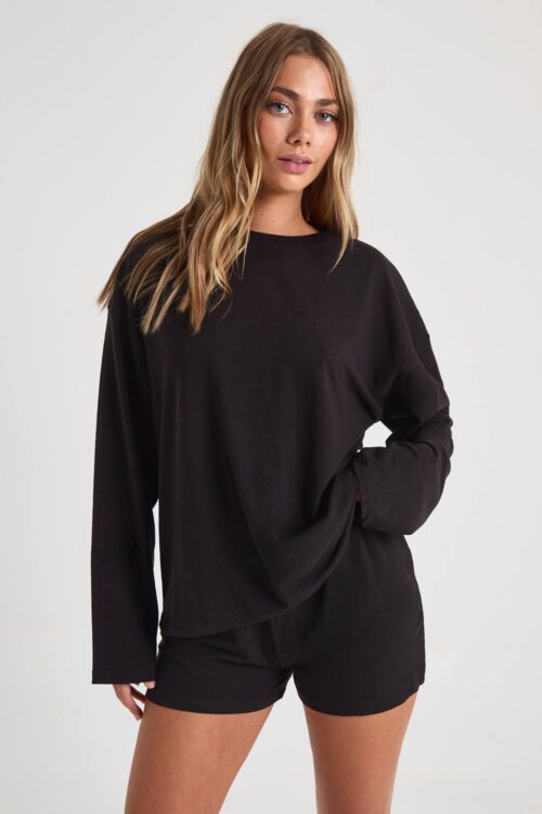 boohoo Dam Modal OverStorlekd Långärmad Topp & Shorts Pyjamas Set | Black | Storlek 36
