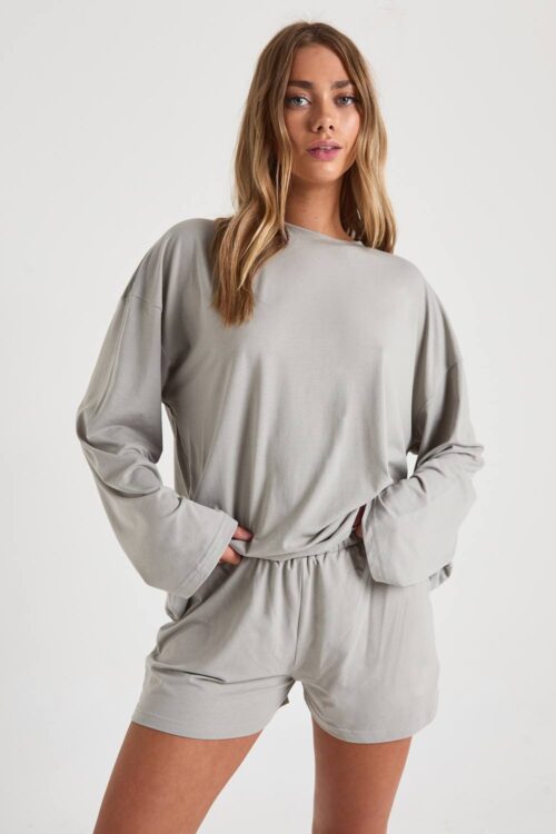 boohoo Dam Modal OverStorlekd Långärmad Topp & Shorts Pyjamas Set | Grey | Storlek 34