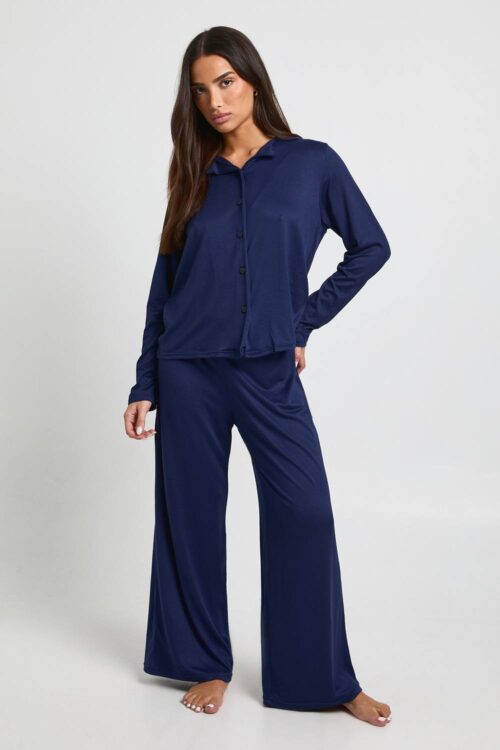 boohoo Dam Petite Långärmad Skjorta & Byxor Pyjamas Set | Navy | Storlek 38