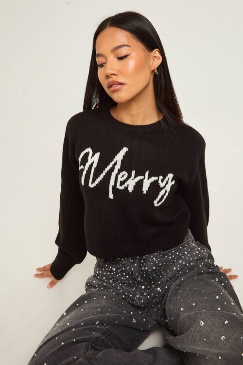 boohoo Dam Petite Merry Slogan Avskuren Jultröja | Black | Storlek XS