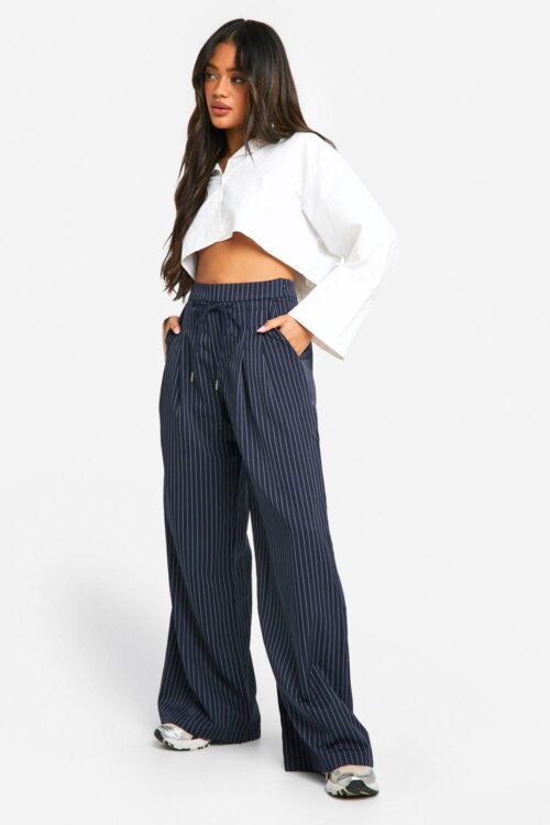 boohoo Dam Pinstripe-dragkedjebälte Lös Pyjamas-Pappa Byxa | Navy | Storlek 36