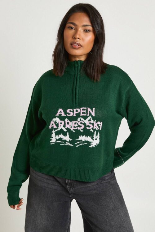 boohoo Dam Plus Aspen Après Ski Halvdragkedja Jultröja | Green | Storlek 18-20