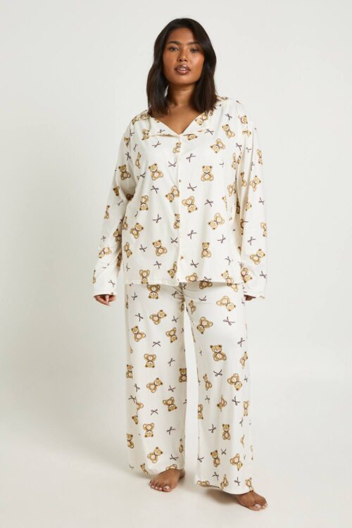 boohoo Dam Plus Björnar och Rosetter Tryck Långärmad Skjorta & Byxor Pyjamas Set | Crème | Storlek 46