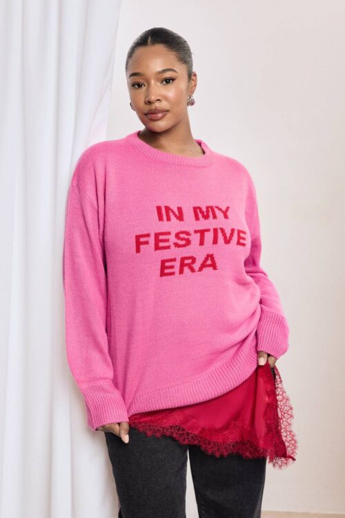 boohoo Dam Plus In My Festive Era Julens Överdimensionerade Tröja | Pink | Storlek 46