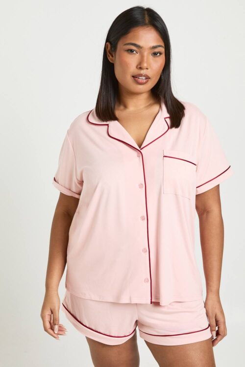 boohoo Dam Plus Jersey Piping Short Sleeve And Shorts Pyjama Set | Baby Pink | Storlek 44