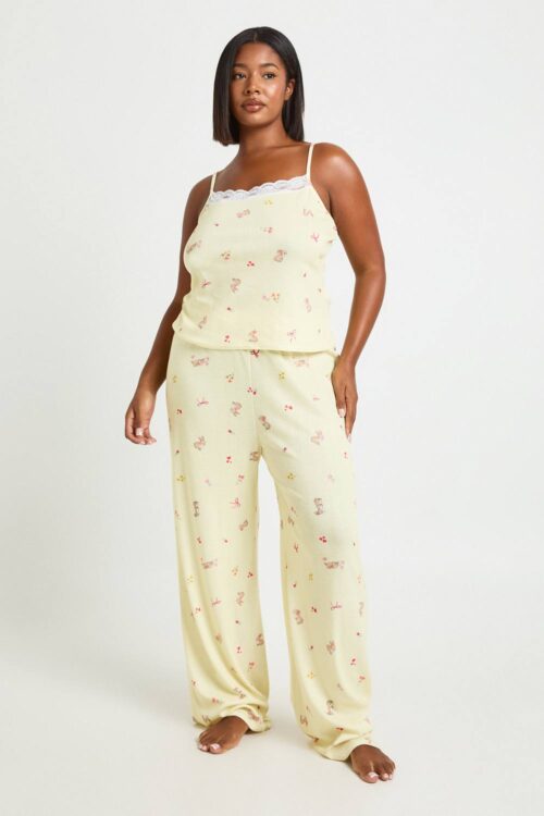 boohoo Dam Plus Pointelle Kanintryck Linne Och Byxor Pyjamas Set | Yellow | Storlek 44