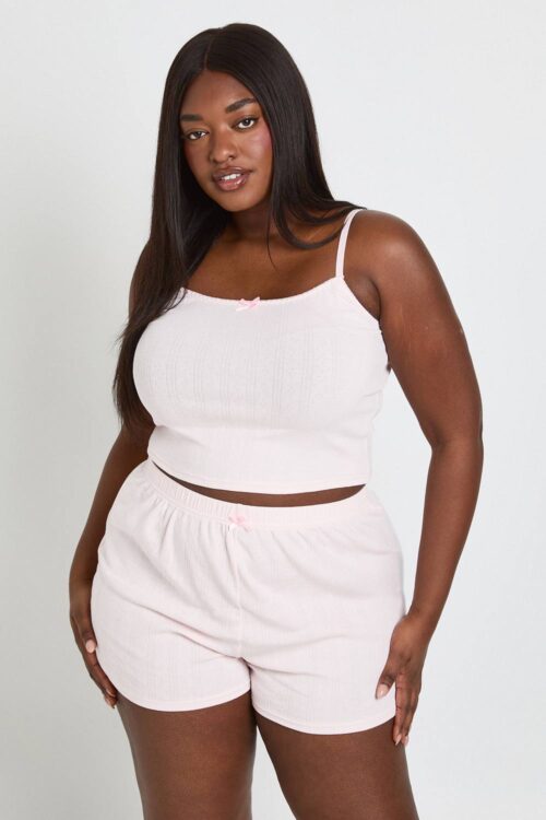 boohoo Dam Plus Pointelle Linne Pyjamas Topp | Baby Pink | Storlek 48
