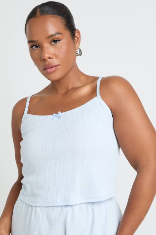 boohoo Dam Plus Pointelle Linne Pyjamas Topp | Babyblå | Storlek 48