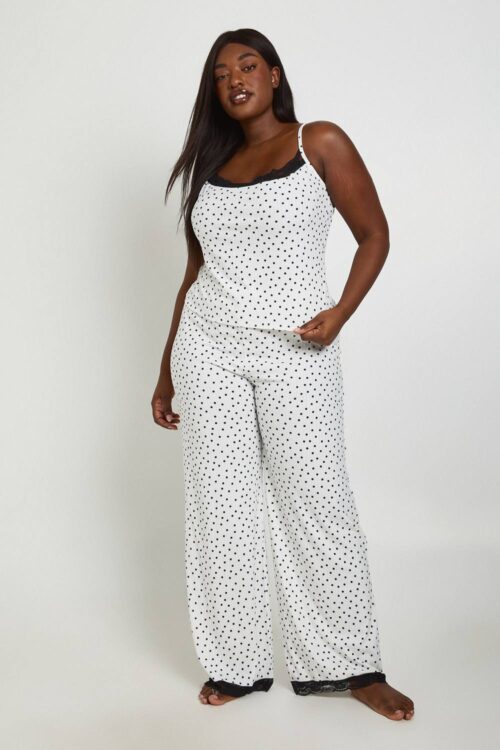 boohoo Dam Plus Polka Dot Cami And Trouser Pyjama Set | Black/White | Storlek 44