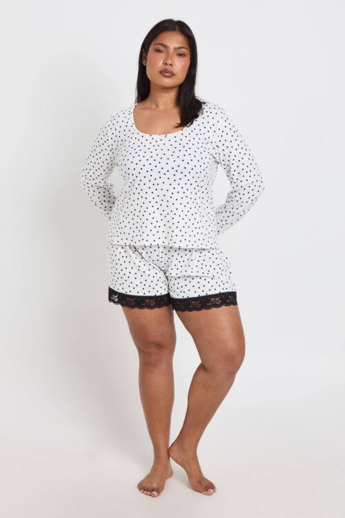 boohoo Dam Plus Polka Dot Long Sleeve And Short Pyjama Set | Black/White | Storlek 48