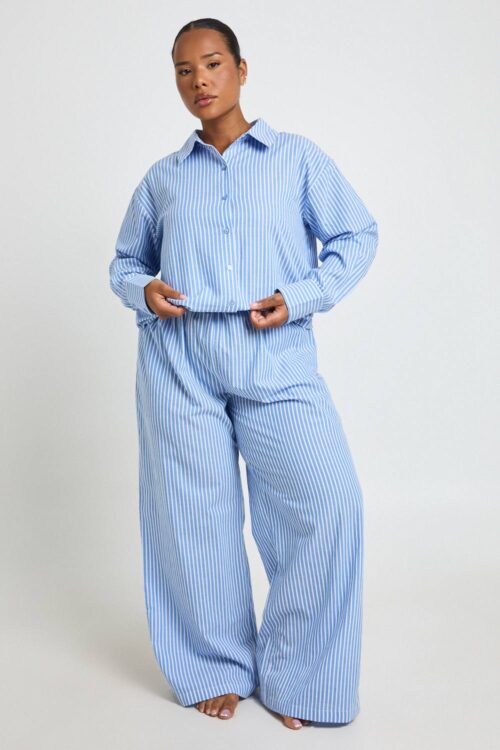 boohoo Dam Plus Pyjamas Byxor I Bomull Med Nålrandig Mönster | Blue | Storlek 48