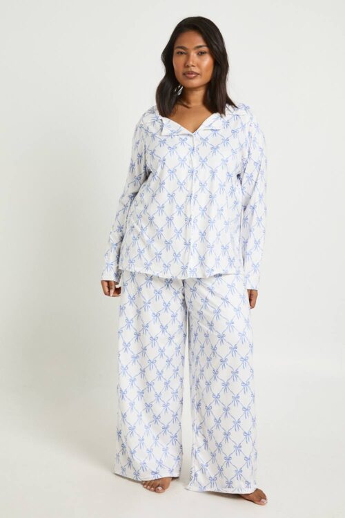 boohoo Dam Plus Rosettmönstrad Långärmad Skjorta och Byxor Pyjamas Set | Blue | Storlek 46
