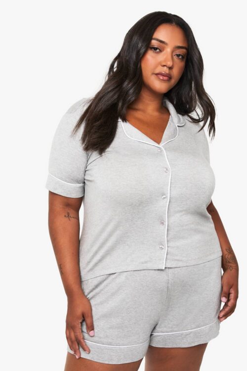 boohoo Dam Plus Super Soft Modal Kortärmad Skjorta & Kort Pyjamas Set | Grey Marl | Storlek 48