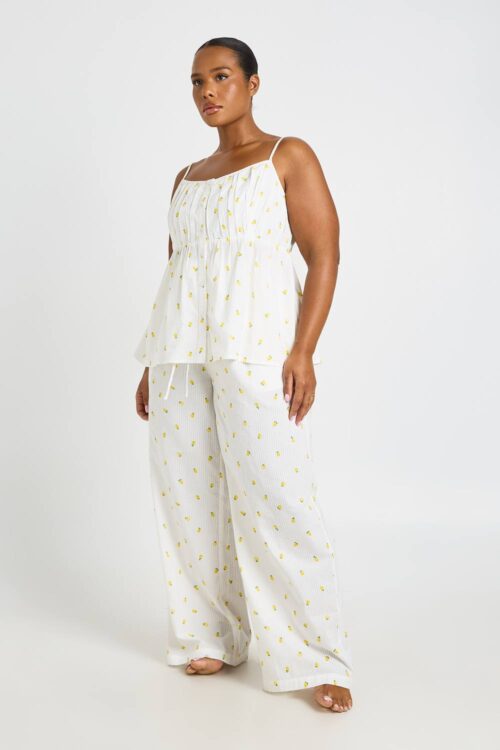 boohoo Dam Plus Waffle Lemon Print Babydoll Pyjama Top | White | Storlek 48