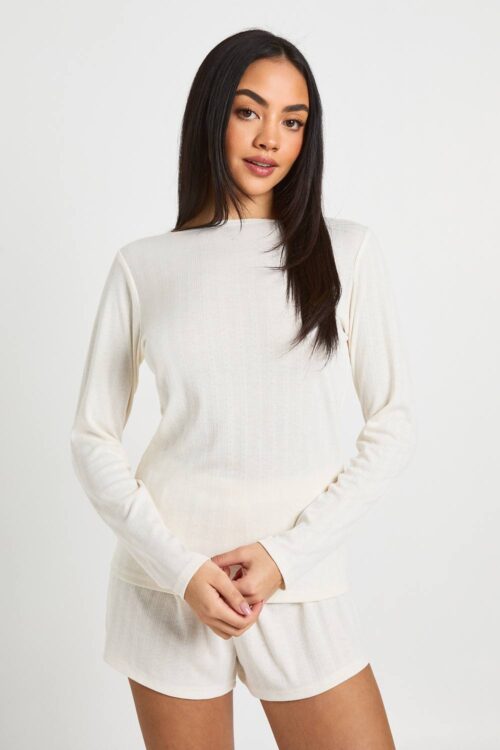 boohoo Dam Pointelle Långärmad Topp och Kort Pyjamas Set | Beige | Storlek 34