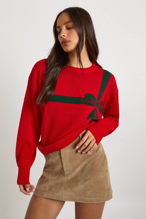 boohoo Dam Present Bow jultröja | Red | Storlek Small